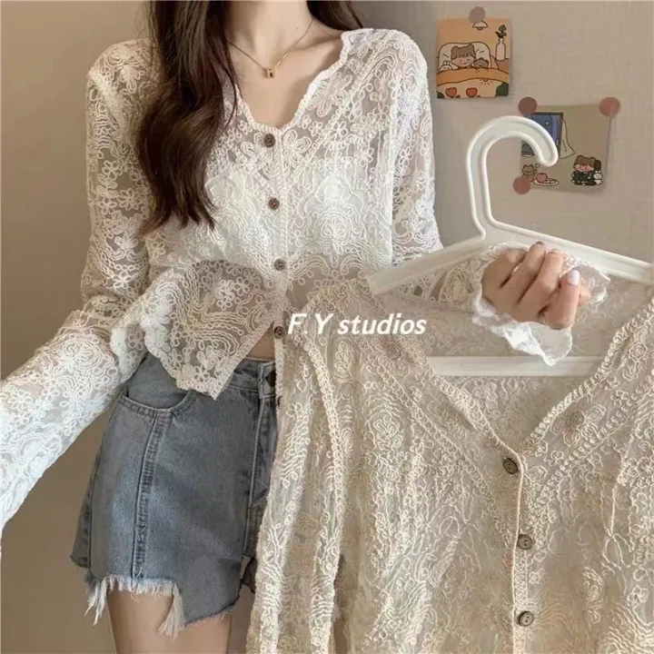 𝙁.𝙔 𝙨𝙩𝙪𝙙𝙞𝙤𝙨 🌸(พร้อมส่ง‼️)🌸เสื้อลูกไม้ น่ารักๆ เสื้อแขนยาวคอV ลายดอก ...