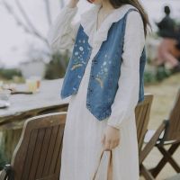 Dream horse custom denim vest vintage embroidered loose outer vest womens kan shoulder design sense