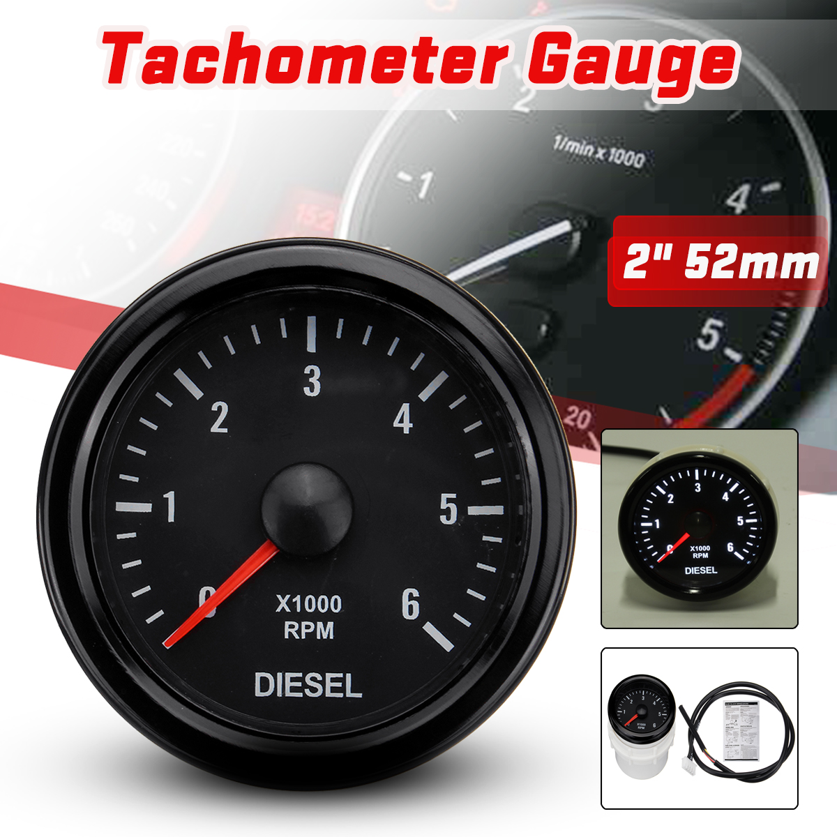 Tachometer Tach Gauge White LED for Auto Car Automobile 2 52 mm 0~10000 RPM 
