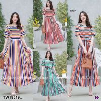 TT18519 เดรสลายทางสลับสี ผูกเอว .Striped dress, alternating colors, tied at the waist..