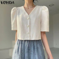 (จัดส่งฟรี)Fancystyle VONDA เสื้อสูทผู้หญิงลำลองคอวี,เสื้อทำงานมีกระดุมเสื้อขึ้นสีทึบ