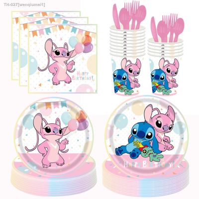 ✌◐ Lilo Stitch Angel Party Supplies Disposable Tableware Paper Cups Plates Napkins Banner Kids Birthday Party Decor Baby Shower