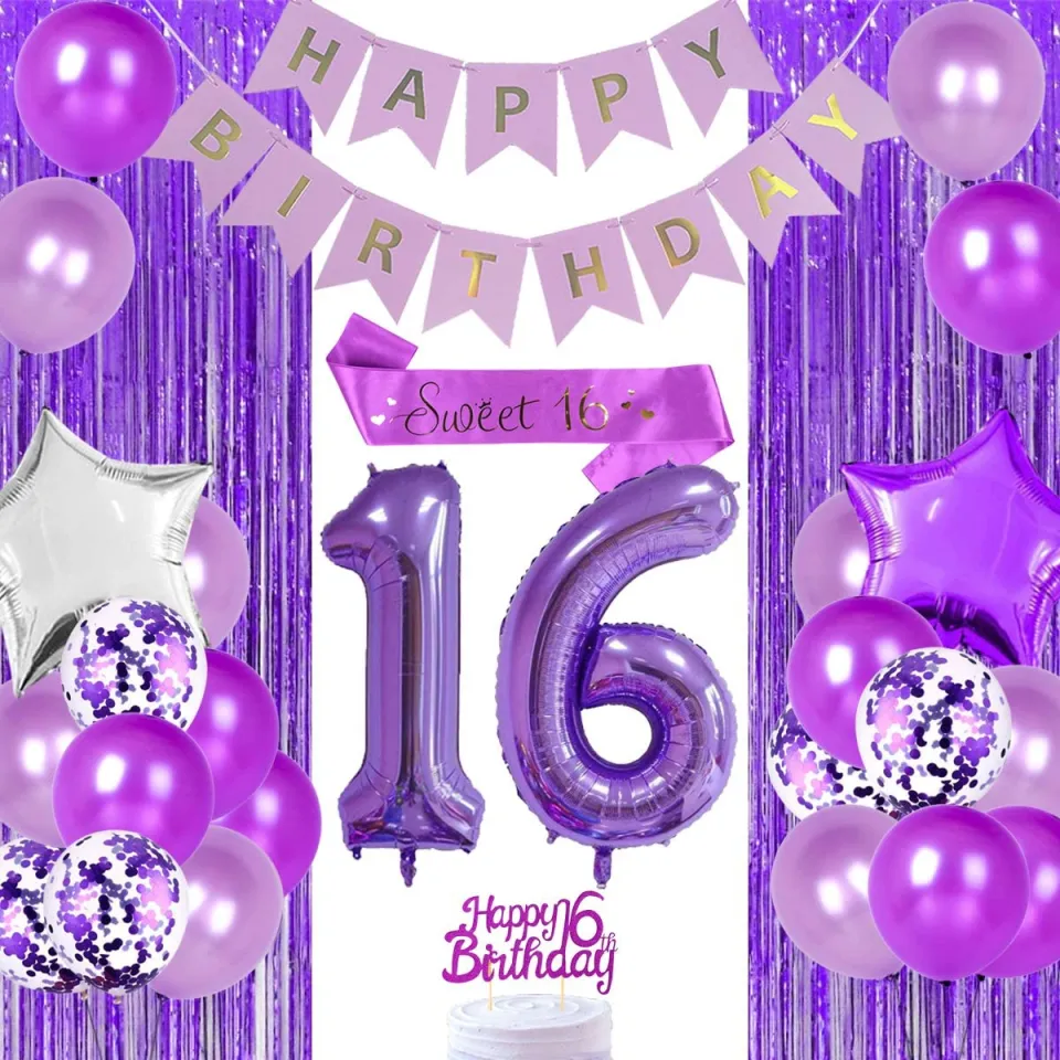 CHEEREVEAL Purple 16th Birthday Decorations for Girls Sweet 16 Party Supplies with Happy 16th Birthday Cake Topper Sweet 16 Sash Number 16 Foil Balloon Birthday Party Supplies