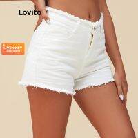 COD jfdss (LIVE STREAM SALE) Lovito Casual Simple Tassel Basic Denim Shorts for Woman L14X067 (Dark Blue/White)