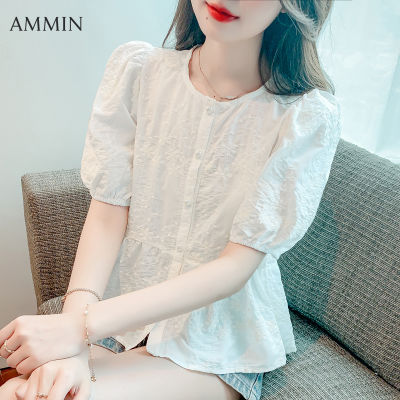 AMMIN summer new simple round neck fashion embroidered floral short sleeve chiffon shirt womens Korean version style sweet bubble sleeve pearl button solid color casual comfortable elegant blouse