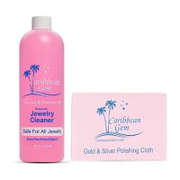 Caribbean Gem USA All Natural Banana &amp; Coconut Oil Jewelry Cleaner with Polishing Cloth, For Gold, Silver and Precious Gems, Ammonia Free, Hypoallergenic Jewelry Cleaning Solution (16oz)