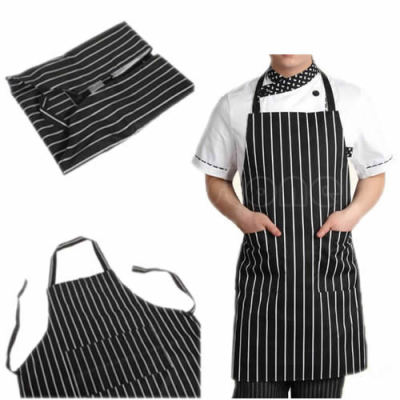 Men Adjustable Adult Black Stripe Bib Apron with 2 Pockets Chef Waiter Kitchen Cook Aprons