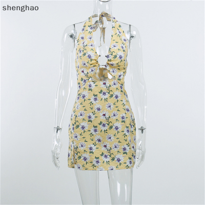 shenghao ผู้หญิงดอกไม้ Halter ผูกชุดแขนกุดตัดปาร์ตี้คลับ backless SHORT DRESS