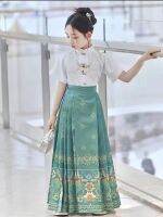 Hanfu Mamianqun เสื้อผ้าจีนดั้งเดิมพิมพ์ลายสีเขียวต้นฉบับชุดจีนกระโปรงหน้าม้าที่สง่างาม