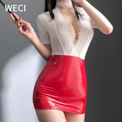 WECI New Sexy Office Ladies Outfit Cosplay Costume Secretary Uniform Teacher Leather Suit Erotic Lingerie Latex Mini Skirt Women