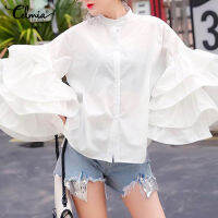 (จัดส่งฟรี)[ลดล้างสต็อก ใช้เงินน้อย] Fancystyle CelmiaสตรีFrilled Ruffledแขนยาวขนาดใหญ่พิเศษTopsเสื้อยืดGothicเสื้อเชิ้ตมีกระดุม