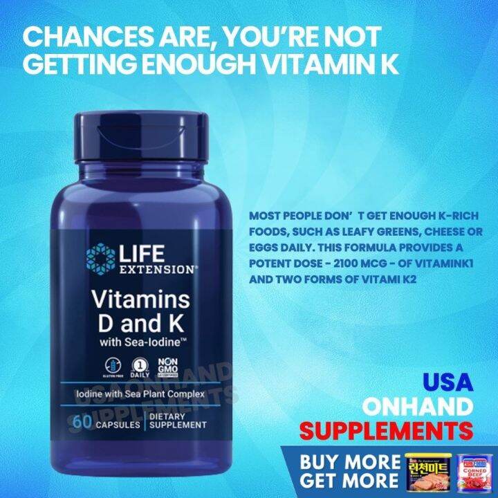 USA Onhand Life Extension Vitamins D and K with SeaIodine Vitamin K2