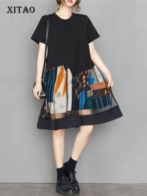 XITAO Dress Women Casual Gauze Print Patchwork Dress