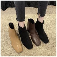 【CW】 Ankle Boots For Women Square Toe Fashion Shoes Plush Warm Winter Short Boots Zipper Square Heels Comfortable Lady Shoes