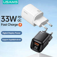 USAMS สายชาร์จเร็ว USB + Type-C 33W,หัวชาร์จเร็วแบบสองพอร์ต PD + QC ปลั๊กเสียบแบบดิจิตอล2ขาสำหรับ iPhone IPhone13/12 Pro Max iPhone 8 iPhone X/xs iPhone 11 11pro Max/ ซัมซุง/หัวเว่ย/ เสี่ยวมี่