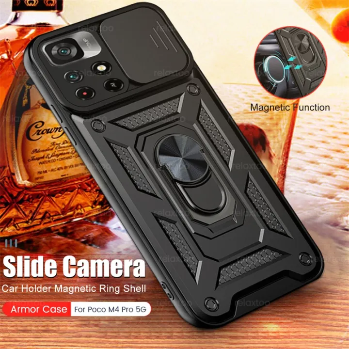 Car Magnetic Holder Ring Shockproof Case For Poco M4 Pro 5g Nfc Push Pull Camera Protect Cover 1770