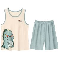 Summer Men Pyjamas Set Knited Cotton Dinosaur Print Pajamas Set Casual Sleeveless Sleepwear Pyjamas Night Pijamas Home Wear