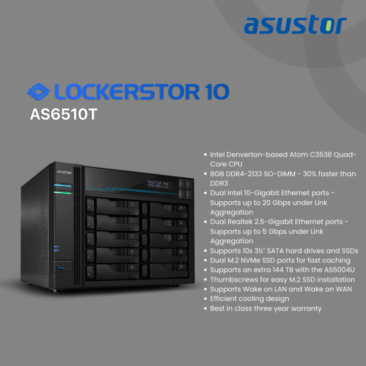 ASUSTOR LOCKERSTOR 10 AS6510T NAS 10GbE, M.2 SSD Cache and 2.5GbE ...