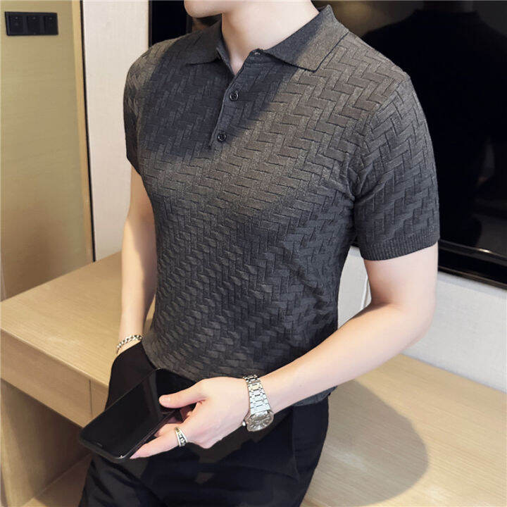 ผู้ชายฤดูร้อนลำลองแขนสั้นที่มีคุณภาพสูงถักเสื้อโปโลชายสลิมฟิตผ้าไหมน้ำแข็งลายสก๊อตที่เดินทางมาพักผ่อนเสื้อโปโลท็อปส์-s-3xl
