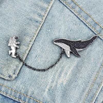 Universe Travel Astronaut and Whales Enamel Pin Cartoon Fish Brooch Out Space Label Pins Denim Jackets Brooches Badge Jewelry