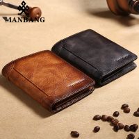 ร้อน, ร้อน★【Vintage Style &amp; Genuine Cowhide Leather】ManBang Brand Hot Sale Luxury Mens Wallet Original Short First Layer Cowhide Purse Three Fold Casual Business Classic