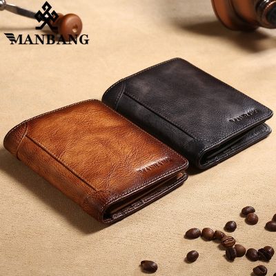 TOP☆【Vintage Style &amp; Genuine Cowhide Leather】ManBang Brand Hot Sale 2022 New Luxury Mens Wallet Original Short First Layer Cowhide Purse Three Fold Casual Business Classic