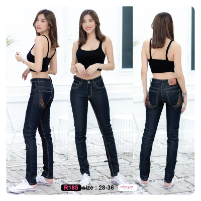 [Denim Jeans] กางเกงยีนส์เดนิม ยีนส์เท่ๆมีสไตน์ รุ่น Tim Money R185 กางเกงยีนส์เดฟ(เป้าซิป) ยีนส์ผู้หญิงเอวกลางกำลังพอดี ผ้ายืดเล็กน้อย