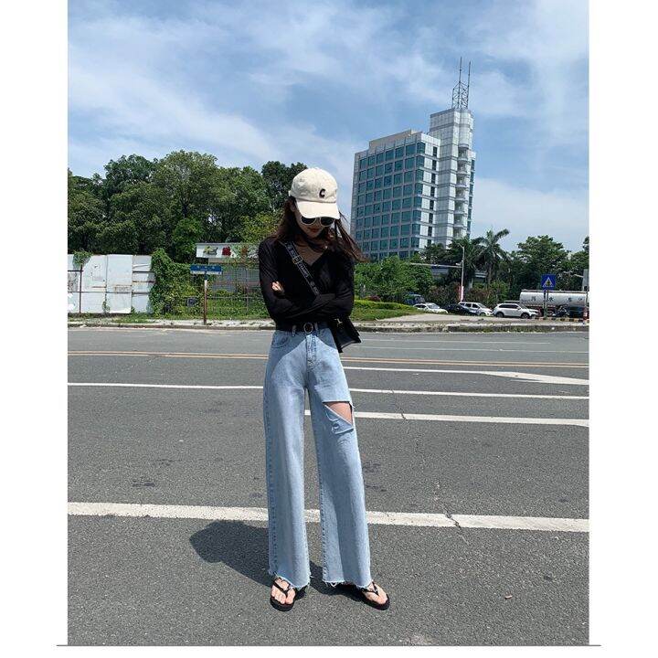 plus-size-women-jeans-korea-loose-high-waist-hole-wide-leg-straight-casual-pants