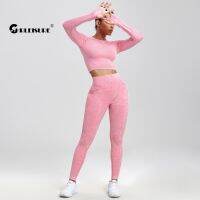 CHRLEISURE 2PCS Seamless Yoga Suits Women Wash Sports Set Long Sleeve Fitness Top with Butt Lift Scrunch Workout Leggings