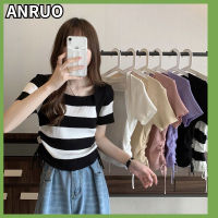 ANRUO เสื้อยืดถักลายทางแขนสั้นมีสายรูดของผู้หญิง,เสื้อยืดผู้หญิง Ins ฤดูร้อน2023ดีไซน์ใหม่ความรู้สึกเฉพาะเสื้อตัวสั้น