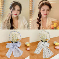 ดอกไม้ Pearl ที่คาดผมแบบถักเปีย Bowknot ริบบิ้น Headdress หญิงผูกผมผ้าพันคอผ้าไหม