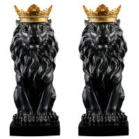 2X Abstract Crown Lion Statue Home Office Bar Male Lion Faith Resin Sculpture Crafts Animal Art Decor Ornaments - Black