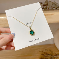 women retro Court style green crystal necklace sweet ins style water droplets Titanium steel clavicle chain trend South Korea ne