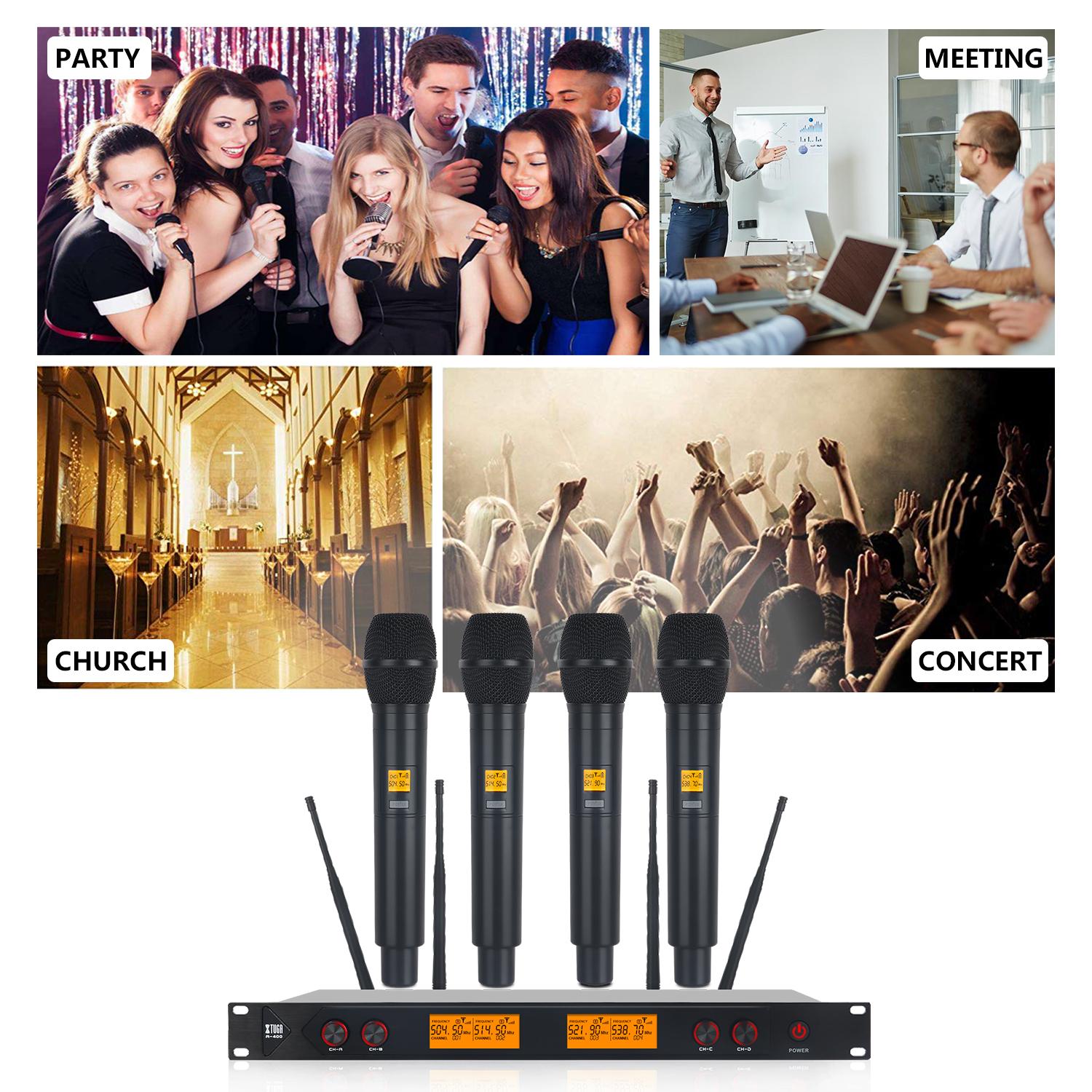 XTUGA A400 Metal Material 4-Channel UHF Wireless Microphone System with 4 Hand-held for Stage Church Use for Family Party Small Karaoke Night B Church 
