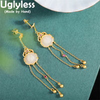 Uglyless Vintage Long Tassels Earrings for Women Carved Peony Jade Studs Earrings Oriental Charming Exotic Brincos 925 Silver