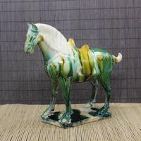 Tang Tricolor Green War Horse เครื่องประดับตกแต่งบ้านคอลเลกชันโบราณสูงเลียนแบบ Porcelain สินค้าเก่ามือสองสินค้าบูติกโบราณ