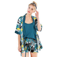 Women Satin Pajamas Faux Silk Silky Pajama Set Elegant Robe 3pcs Suspender Shorts Sleepwear Female Casual Home Wear