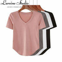 LAREINE เสื้อยืดแขนสั้นคอวีสีทึบของผู้หญิง,เสื้อเชิ้ตสีพื้นท่อนล่างโค้งเข้ารูปในฤดูร้อน