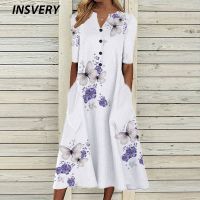 ▦▼♨ Vintage 3D Printed Dresses For Women Spring Summer Half Sleeve Casual Beach Dress Women V Neck Pocket Party Long Dress 2022