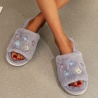 Fashion Women Slippers Casual Home Shoes Breathable Outdoor Flower Printing Plush Slippers Comfortable Non-Slip Cotton Shoes