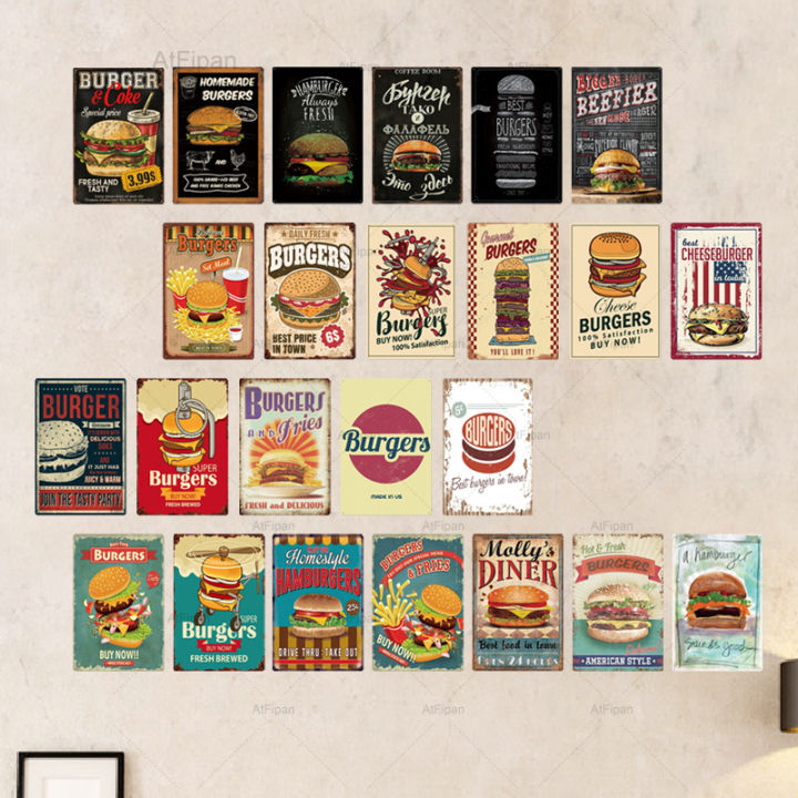 Hamburger Metal Sign Plaque Metal Vintage Fast Food Tin Sign Wall Decor ...