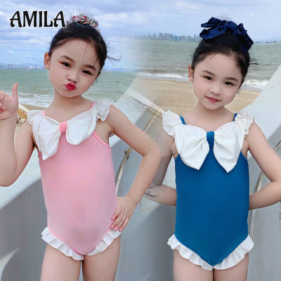AMILA ชุดว่ายน้ำเด็ก โพลีเอสเตอร์สลิงชิ้นเดียวมีโบว์น่ารักชุดว่ายน้ำผู้หญิงชุดว่ายน้ำฤดูใบไม้ผลิร้อน