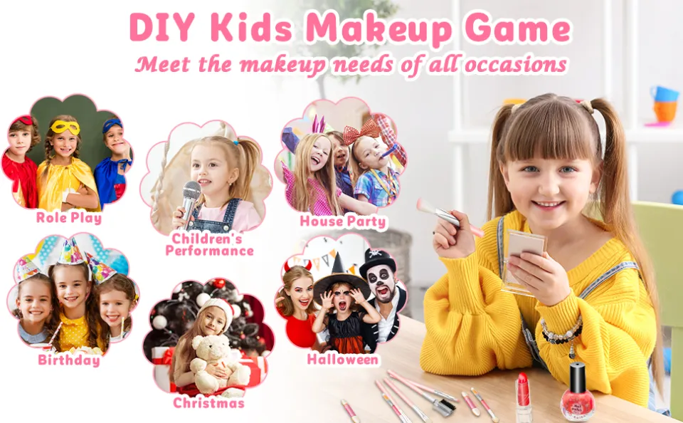 Hollyhi 41 Pcs Kids Makeup Kit for Girl, Washable Makeup Set Toy with Real Cosmetic Case for Little Girls, Pretend Play Makeup Beauty Set Birthday Toy