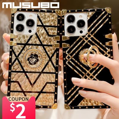 [Yellow peach flavor]เคส Musubo หรูหราสีทองสำหรับ iPhone 14 13 Pro 12 Pro Max 11 XR เคสตั้งได้ Fundas IPhon XR Xs Max 8 Plus SE Coque Capa