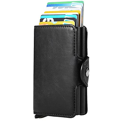 YWHBK Card Holder, Men Credit Card Holder, Slim Card Case Front Pocket Anti-theft-RFID Auto Pop up Travel Thin Wallets for Men Black Leather( Double Layer Hold 14 Cards )