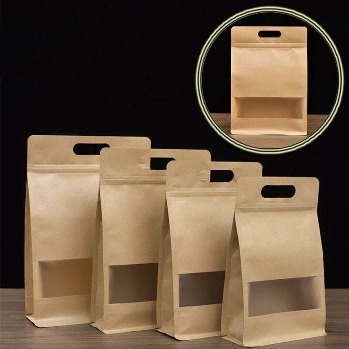[Vanessa0] Kraft Paper Bag Heat Seal Flat Bottom Food Grade Pouch Standing Window Zip Lock Lazada