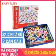 Đồ Chơi Cho Bé Câu Cá Bằng Gỗ - 32 Con, 2 Cần Câu, Nam Châm 3D