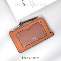 Engrave Letters Cowhide Card Holder Luxury Personalize Name Zip Credit Card Wallet Custom Gift Slim Real Leather Coin Purse Card Holders