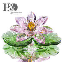 H &amp; DสีชมพูCrystal ReflectionดอกบัวคริสตัลFigurineเครื่องประดับแก้วแก้วPaperweight Home Decor,กล่องของขวัญ