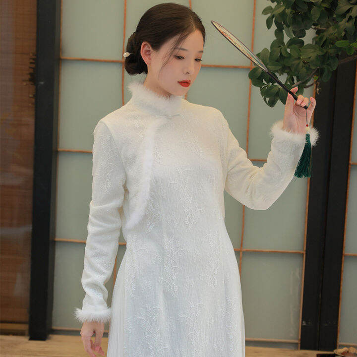 qingshuzhai-hanfu-รุ่นปรับปรุงของชุด-cheongsam-ระดับไฮเอนด์สไตล์จีนกระโปรงยาวหัวเข็มขัดย้อนยุคสไตล์จีนวรรณกรรมชุดน้ำชา